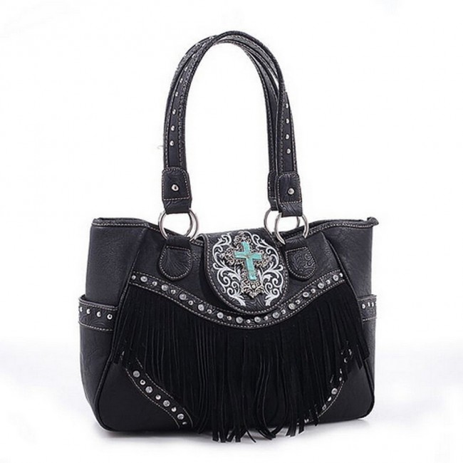 Cross Charm Western Style with Fringe Accent Tote Bag - Black - BG-MJ6802BK